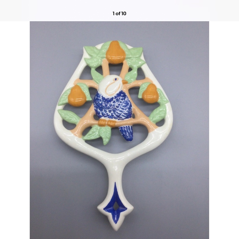 Vintage 1970 Signed Artisan White Ornate Ceramic TRIVET Blue Parrot Orange Fruit